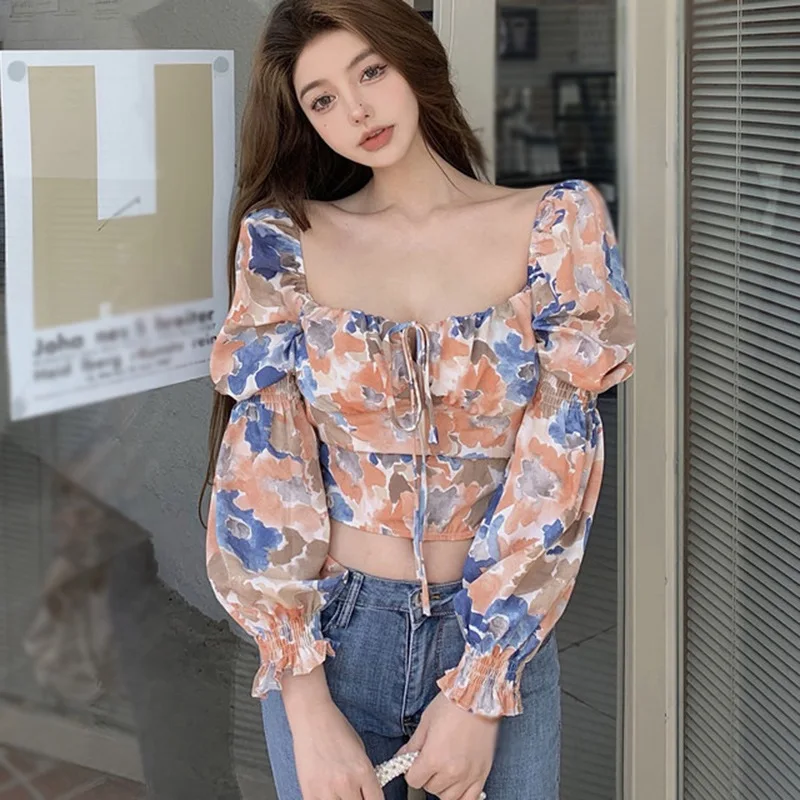 Blouse For Women Flare Sleeve Oil Painting Printing Shirt Sexy Lace Up Square Neck  Short Shirts Full Chic Fashion Blusas Tops