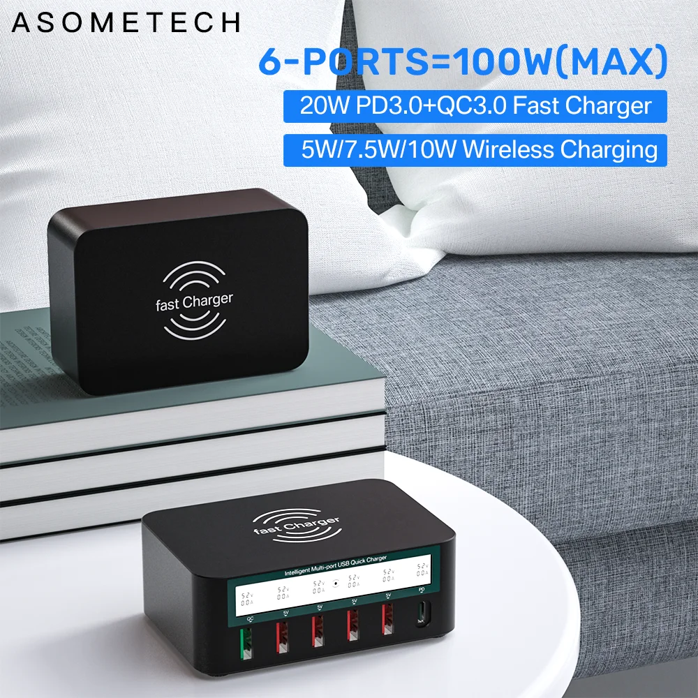 

Qi Wireless QC 3.0 USB Charger Adapter 6 Ports 100W Charger Station Type C PD Fast Charger for iPhone Samsung Xiaomi Huawei