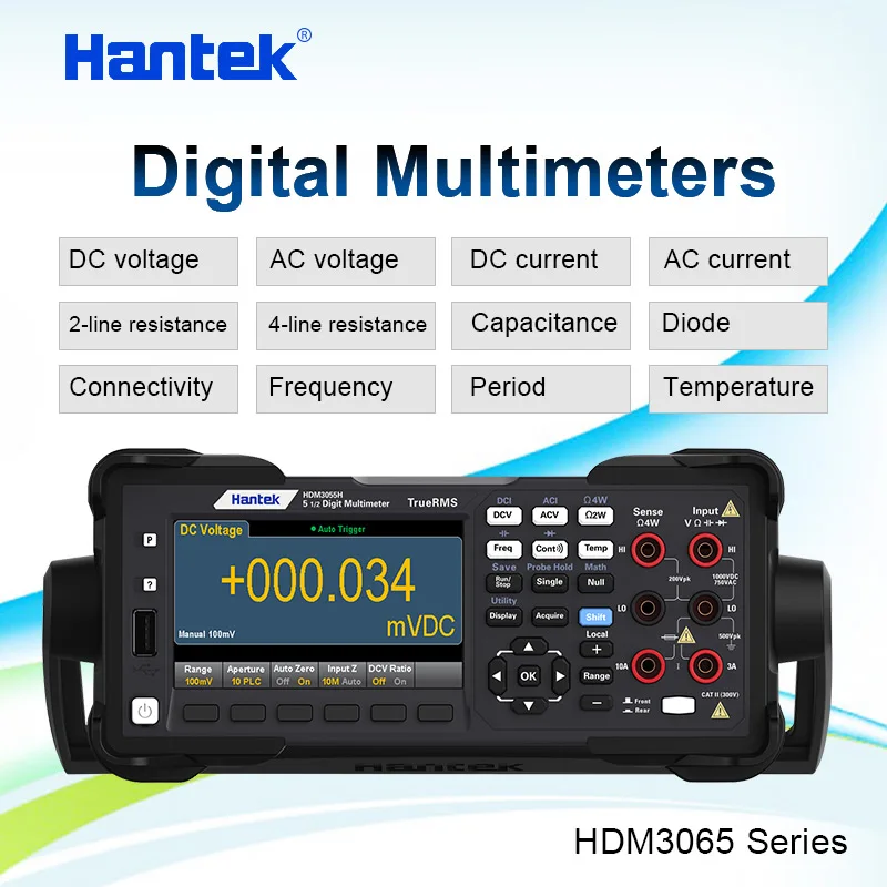 

Hantek HDM 3065 Series Desktop Digital Multimeter 6 1/2 Bit Reading Resolution 0.1μV Resolution USB/232/485 4.3 Inch Color LCD