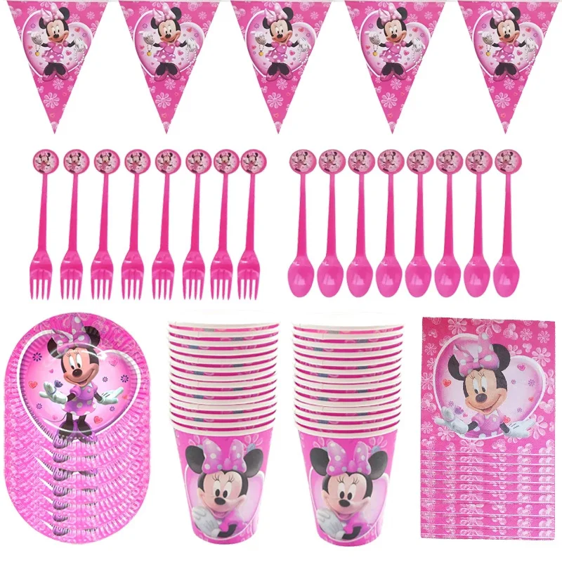 8/16 People Minnie Mouse Party Disposable Party Supplies Decoration Cups Plate Pennant Tablecloth Combination