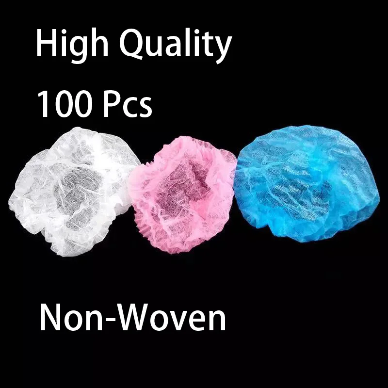 100Pcs Shower Cap Hair Nets Beauty Salon Head Cover Hats Mop Hygiene Plastic Thick Non-woven Protection Mushroom Cap Accessories