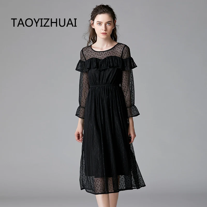 Brand Black Polka Dot lace dress spring and autumn new French Platycodon skirt Victoria fashion elastic waist oversize dress