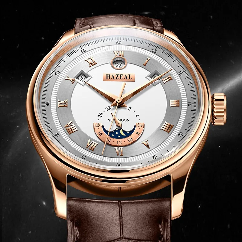 HAZEAL Men Automatic Watch 42MM Mechanical Wristwatch Sapphire Mirror Luminous Multi-Dial Month Week Date 24 Hours Sun-moon