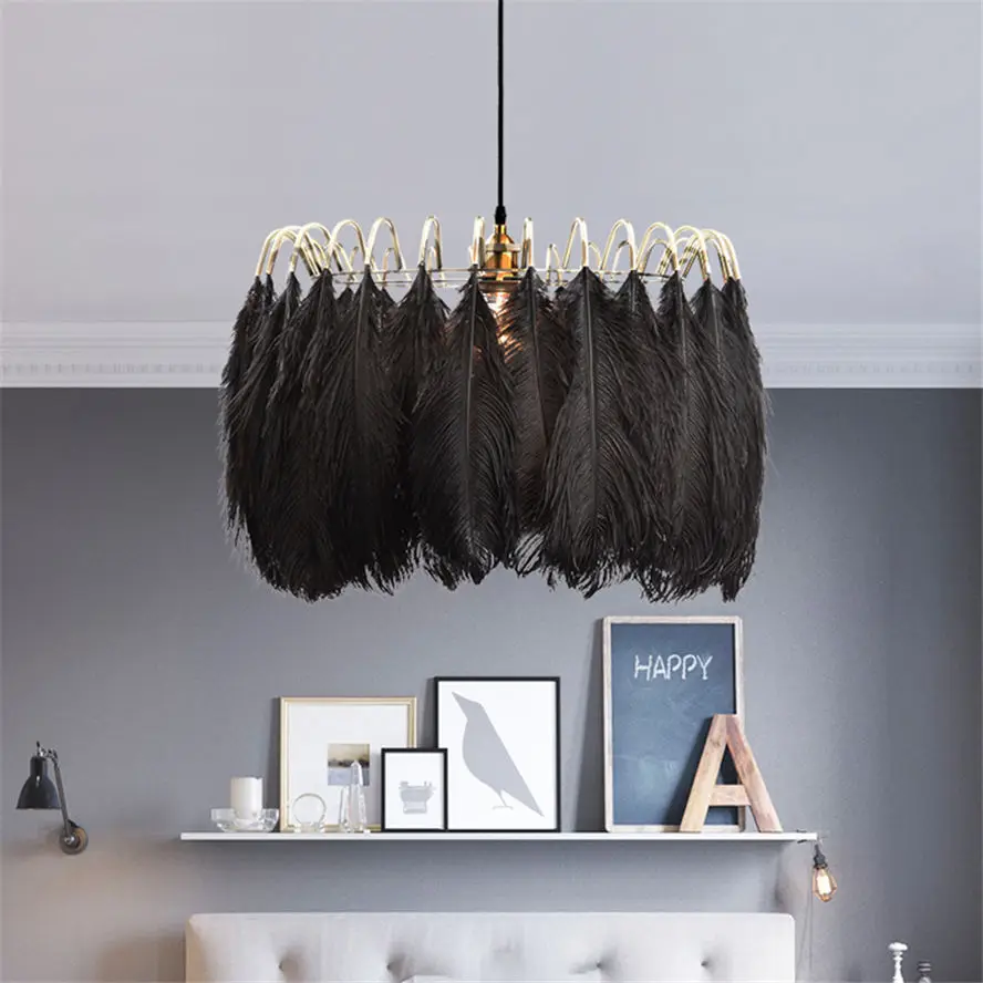 nordic black feather lamp shades pendant lights for clothing store bedroom art deco cafe hanging light fixture led luminaire e27