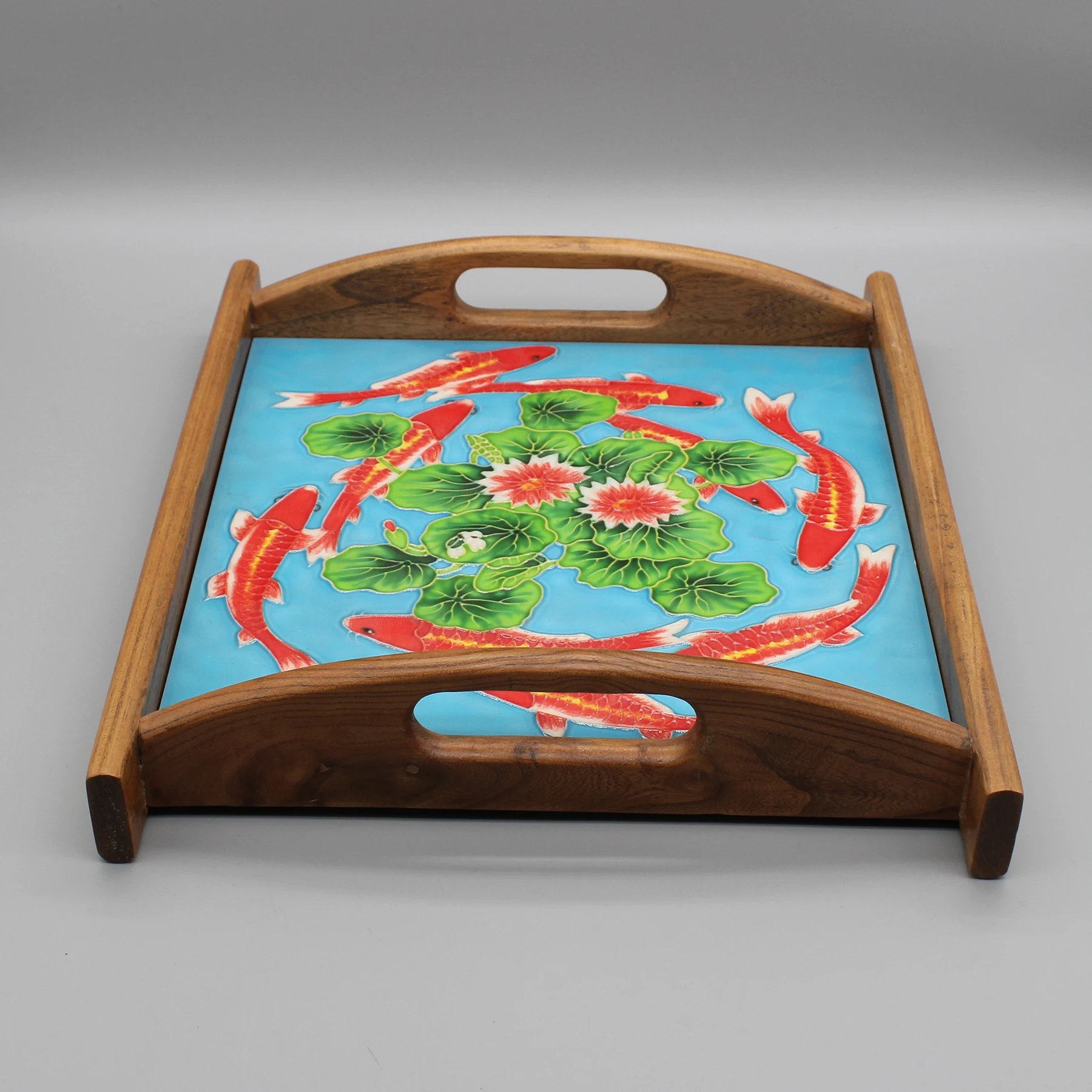 Wooden tray with ceramic painting inlaid, hand painted ceramic tile