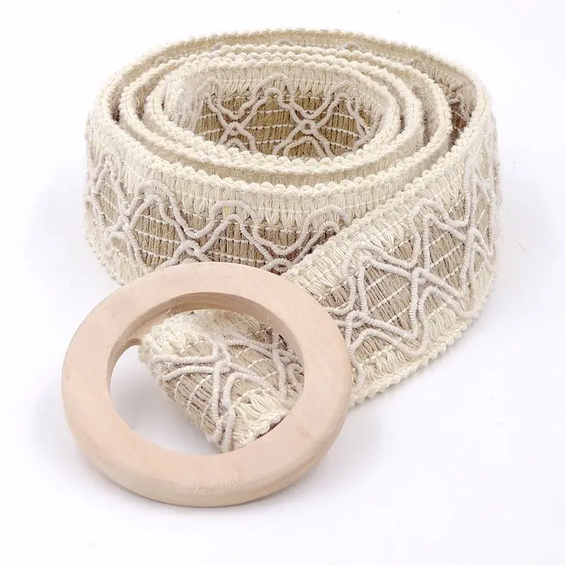 TEELYNN Boho Lace Knitted Belts For Women Dress/Jeans Round Wooden Buckle waistband Casual Crochet Belt Female Girdle Bohemia