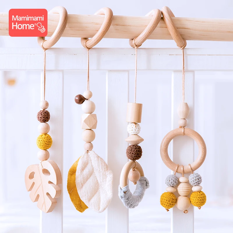 4pc/set Baby Wooden Pendant Play Gym Toys BPA Free Wooden Teether Rodent Animal Interactive Stroller Hanging Bed Bell Nurse Gift