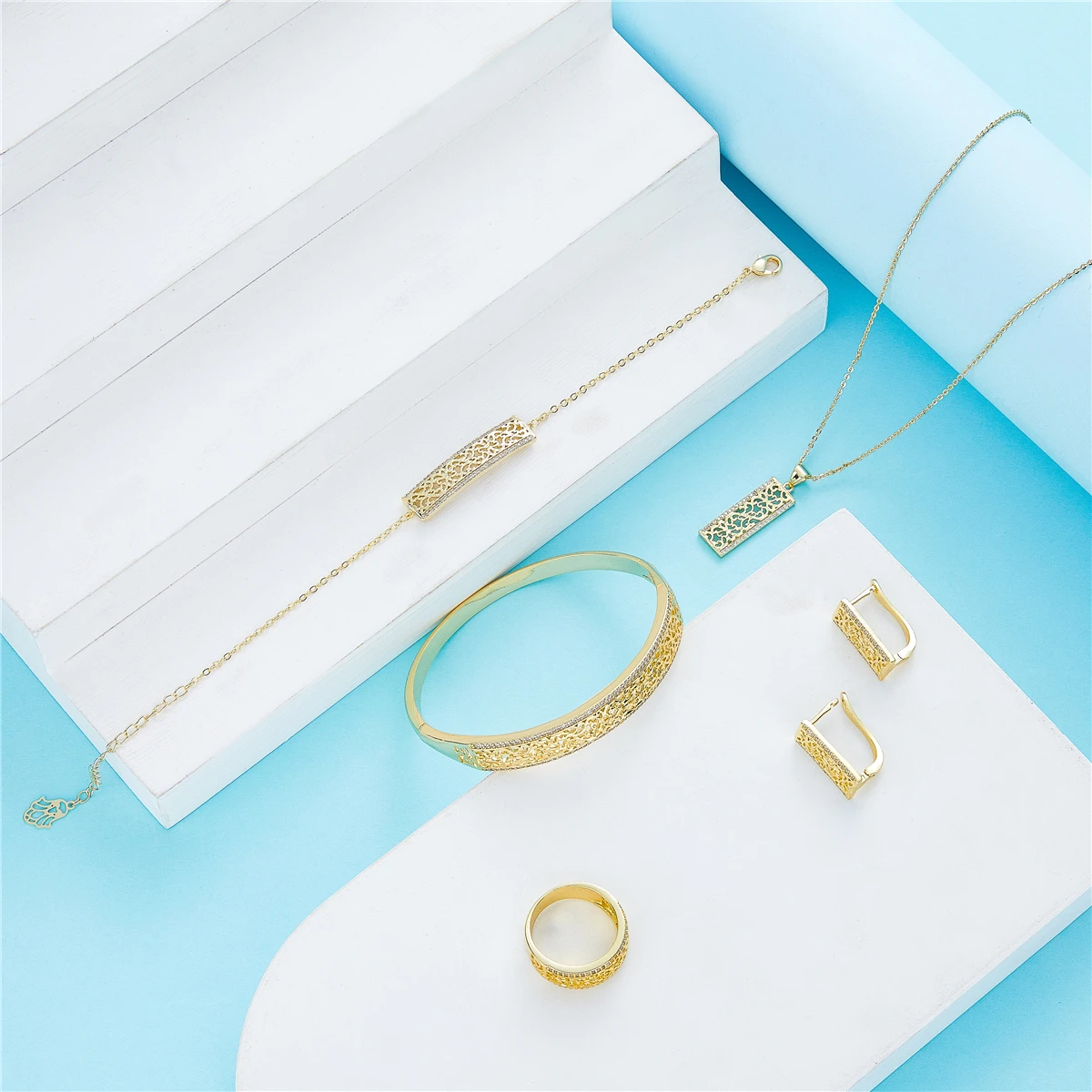 

2021 May jewelry set gold color necklace earrings Ring for women brida jewelry set Morocco gold color jewelry set