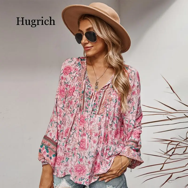 Women's Autumn 2021 Long Sleeve Lace Up Romantic Holiday Flower Print Top