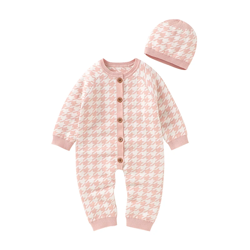 Newborn Baby Romper Cotton Knitted Infant Girls Playsuit Hat 2PCS Toddler Boys Kids Clothing Long Sleeve Autumn  Houndstooth Set