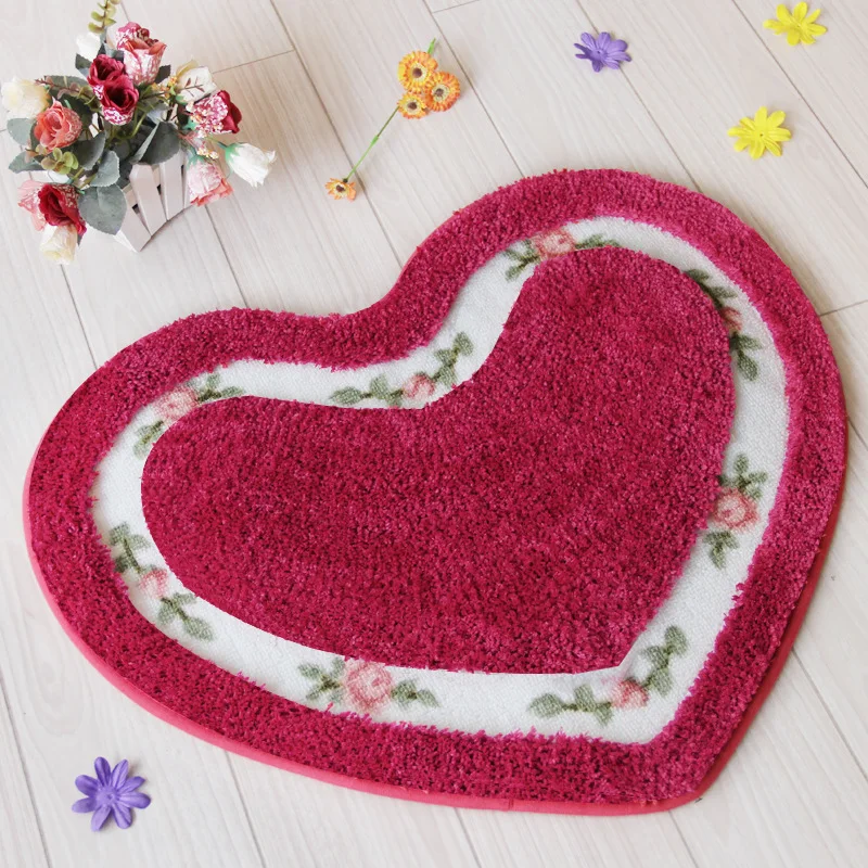 Heart Shape Nonslip Bath Mat Embroidered Toilet Rug Kit Water Absorption Door Mat for Bathroom Toilet Bedroom 2 Sizes Floor Mat