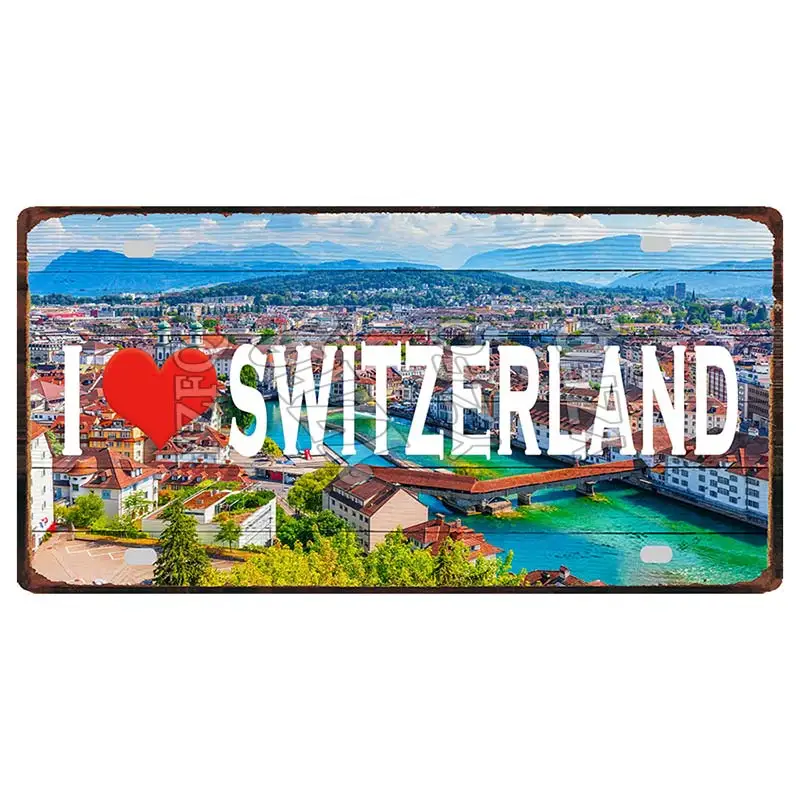 【YZFQ】30X15CM Switzerland Landscape Geneva Zurich City Vintage Metal Sign Travel Souvenir Wall Bar Home Shop Decor DC-1120B
