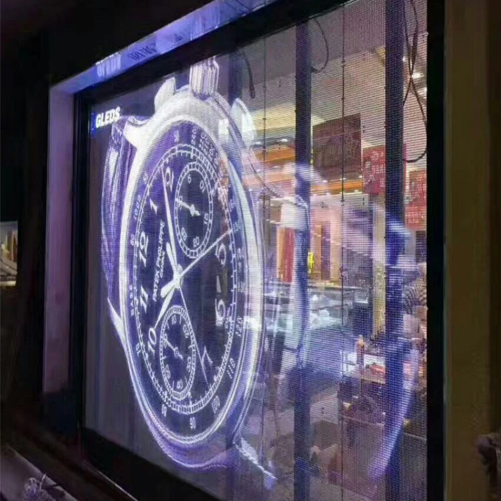 شاشة LED شفافة P3.91-7.81 شاشة إعلان إلكترونية داخلية كاملة الألوان زجاج نافذة عرض لوحة حجم 1000*500 مللي متر