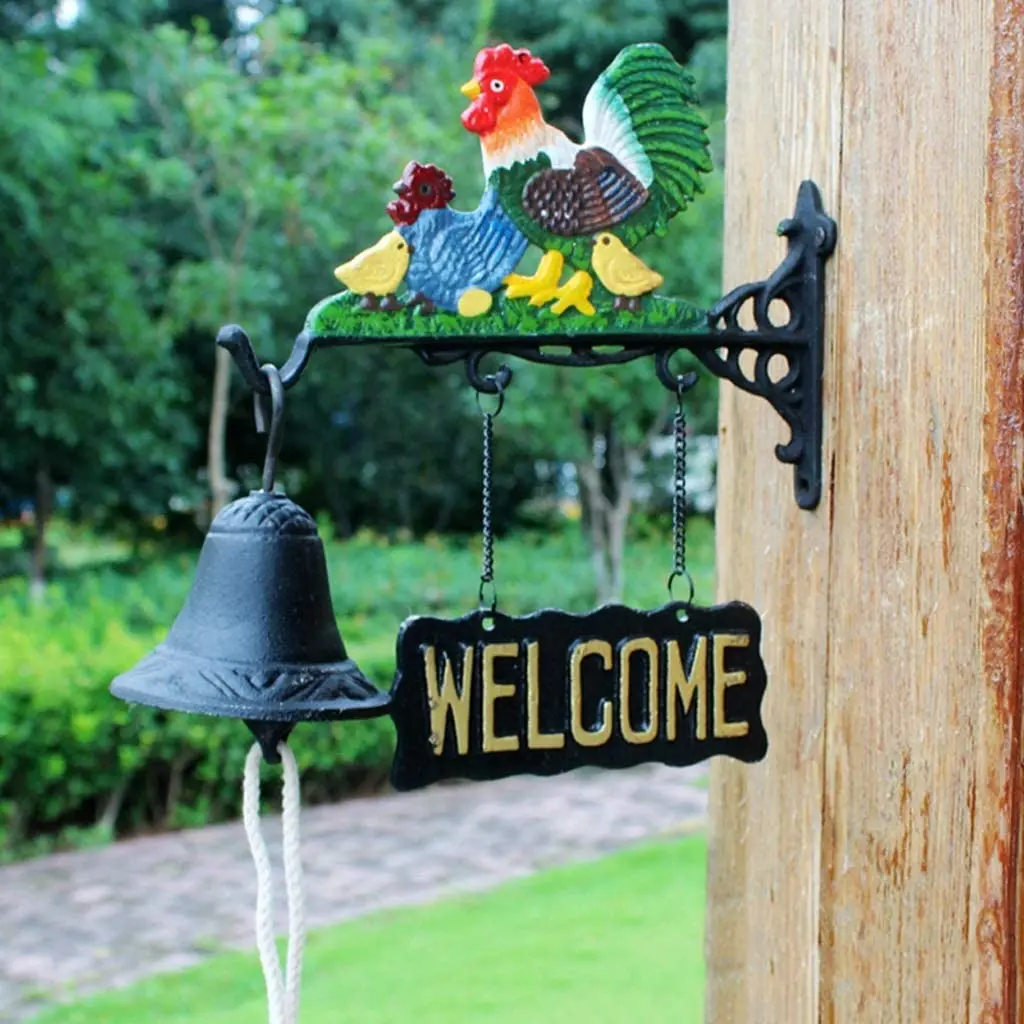 Vintage Country Style Black with Color Hand Painted Rooster Hens with Chicken Designs Cast Iron Door Decor Welcome Hanging Bell