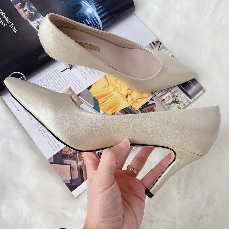 Chic Leather Office Shoes Women Solid Color Pointed Toe Stiletto High Heels Women Pumps Genuine Leather Ladies Shoes