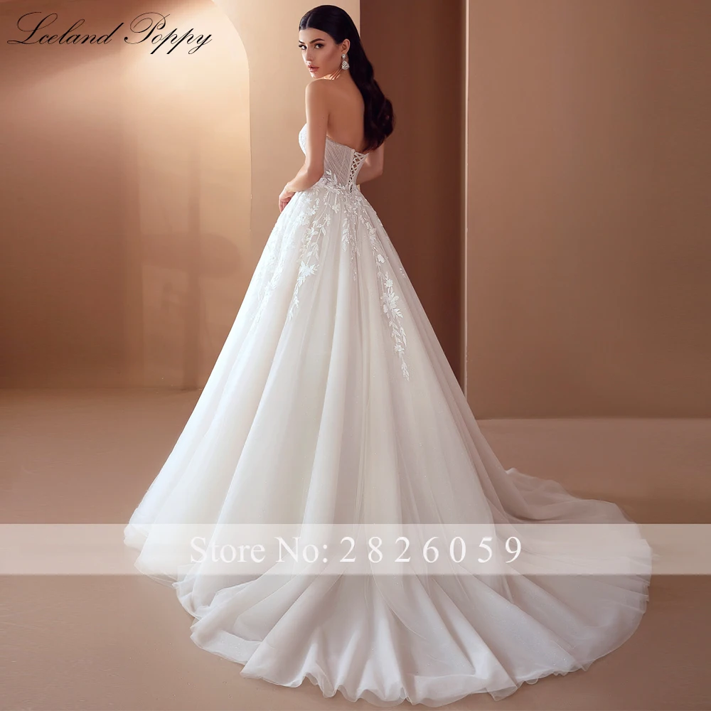 Lceland Poppy Customized A Line Strapless Tulle Wedding Dresses Pleated Lace Bridal Gowns with Removable Sleeves