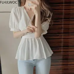 Korea Chic Tops Blusas Women Fashion Flhjlwoc Slim Belly Peplum Design Ruffled V Neck Peplum Solid Black White Blouse