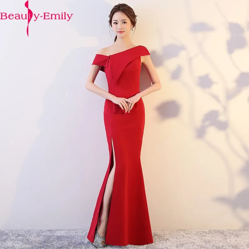 

Charming Irregular Neck Sleeveless Mermaid Evening Dress 2020 Sexy Off the Shoulder Zipper Back Satin Dresses with Side Split