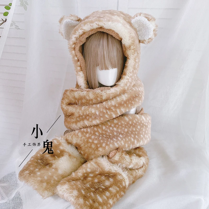 Kawaii Antlers Bear Ear Thicken Hat Female Retro Lolita Autumn Winter Lovely Plush Scarf Protection Warm Gloves Three Piece Set