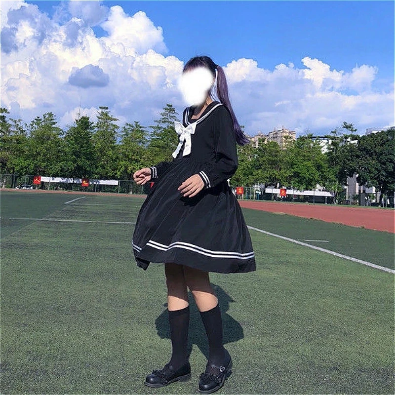 Bow Patchwork Loose A-Line Fashion Knee-Length Cute Empire Preppy Style Japanese All-match Black School Uniform