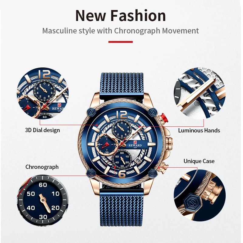 REWARD New Luxury Mens Watch Top Brand Blue Steel Mesh Chronograph Waterproof Men Sport Quartz Wrist Watch Relogio Masculino