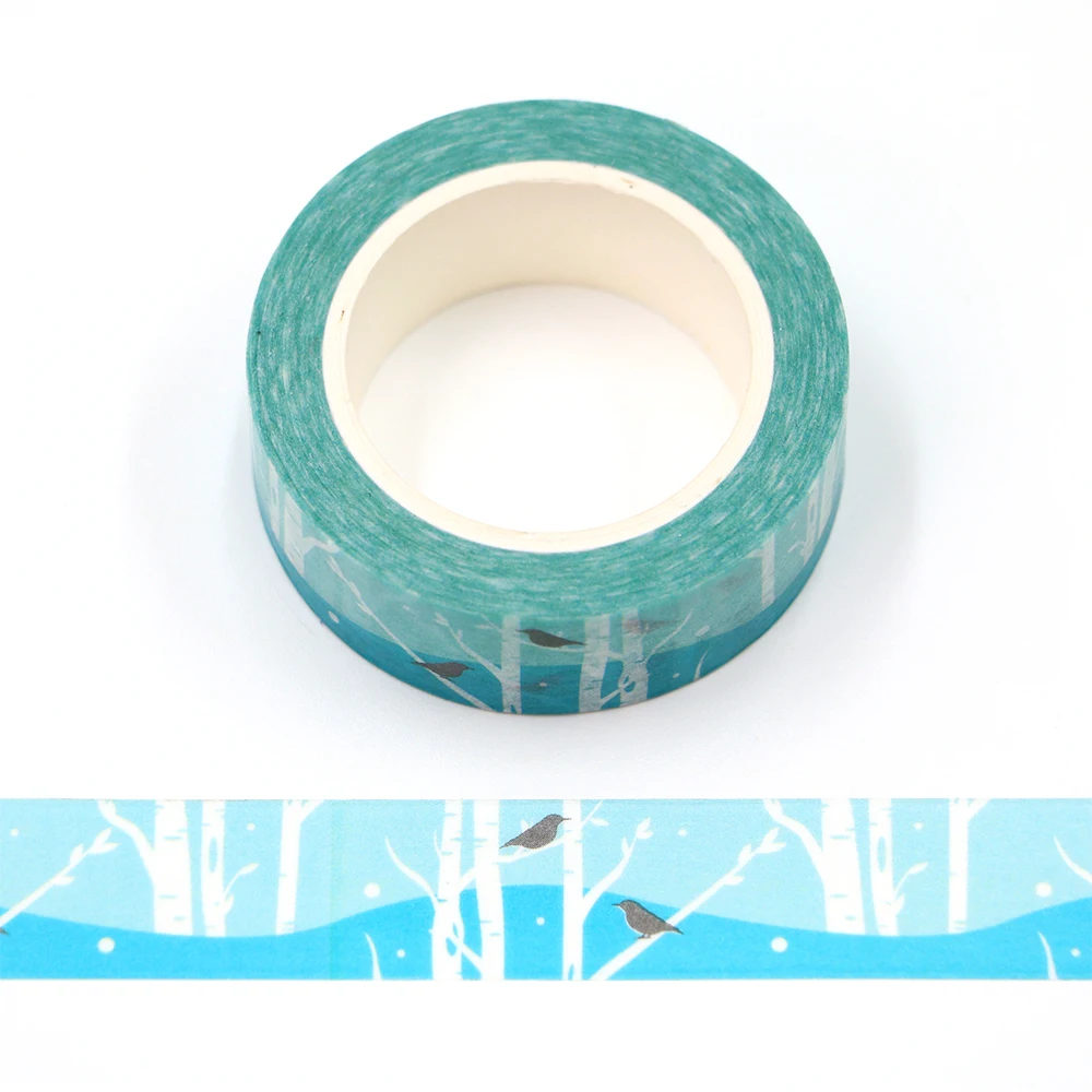 1PC 15mm x 10m Blue Forest and Robin Washi Tape Sticker Paper Masking Adhesive Christmas washy tape office supplies