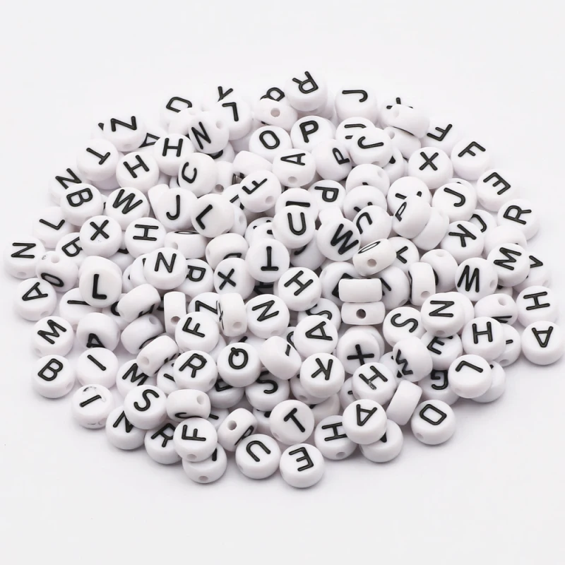 4x7mm 100pcs White Flat Round Acrylic Beads With Black Letters 26 Alphabet Loose Spacer Beads For Jewelry Making Diy Accessories