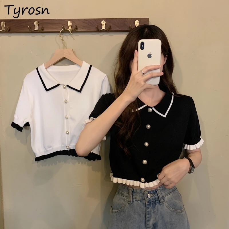 Blouses Women Design Button Ruffles Sweet All-match Korean Style Crop Tops Fresh Trendy Turn-down Collar Knitted Shirts Students