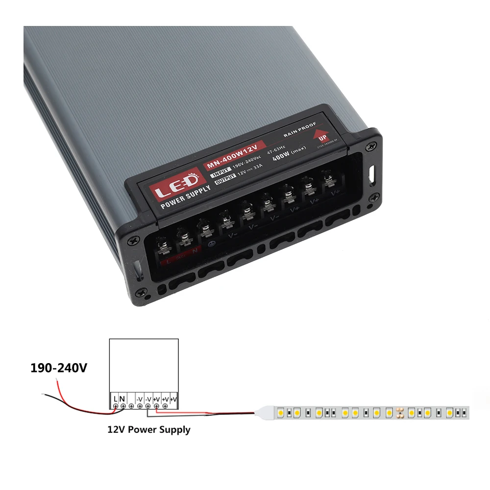 Zewnętrzny zasilacz LED DC12V / 24V wodoodporny sterownik do LED 100W 300W 400W ścienny transformator oświetleniowy LED.