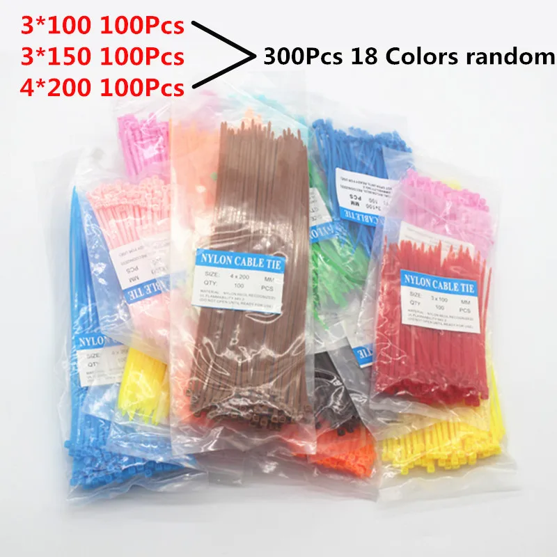 300 قطعة 18 ألوان مختلطة النايلون كابل الذاتي قفل البلاستيك سلك البريدي العلاقات مجموعة 3*100 3*150 4*200 الصناعية توريد السحابات ضمادة