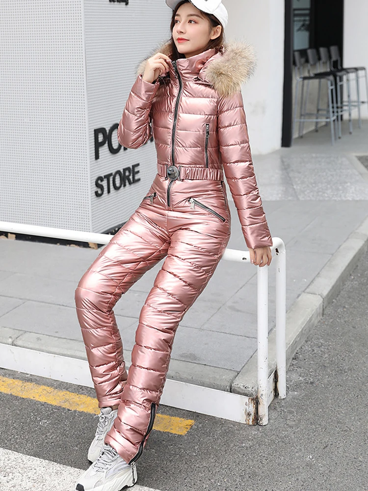 One Piece Ski Suit Women Winter Fur Hooded Jumpsuit Cotton Padded Parka Jumpsuits Zipper Overalls Tracksuits Jacket Pants