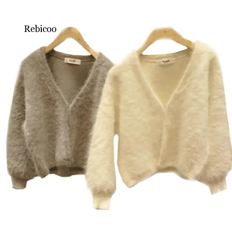 

Autumn V-neck Knitted Cardigan Imitation Cashmere Sweater Hand Knit Coat Mohair Jacket Lantern Sleeved Single Breasted Tops