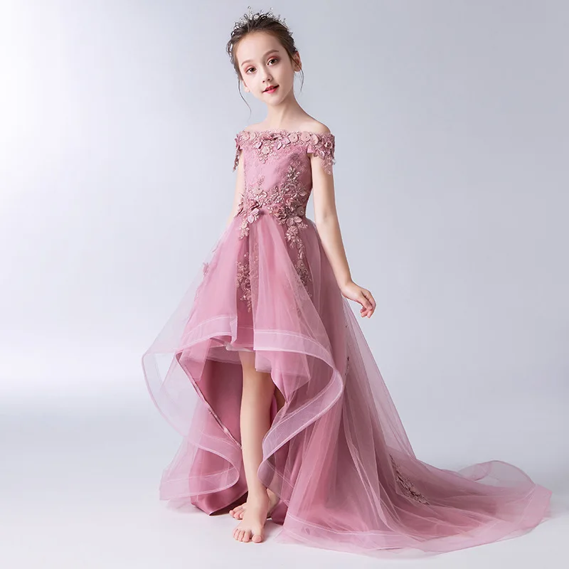 

Girls Ballet Piano Performance Little Host Elegant Evening Dress Pink Trailing Long Skirt Christmas Easter Formal Dress Summer