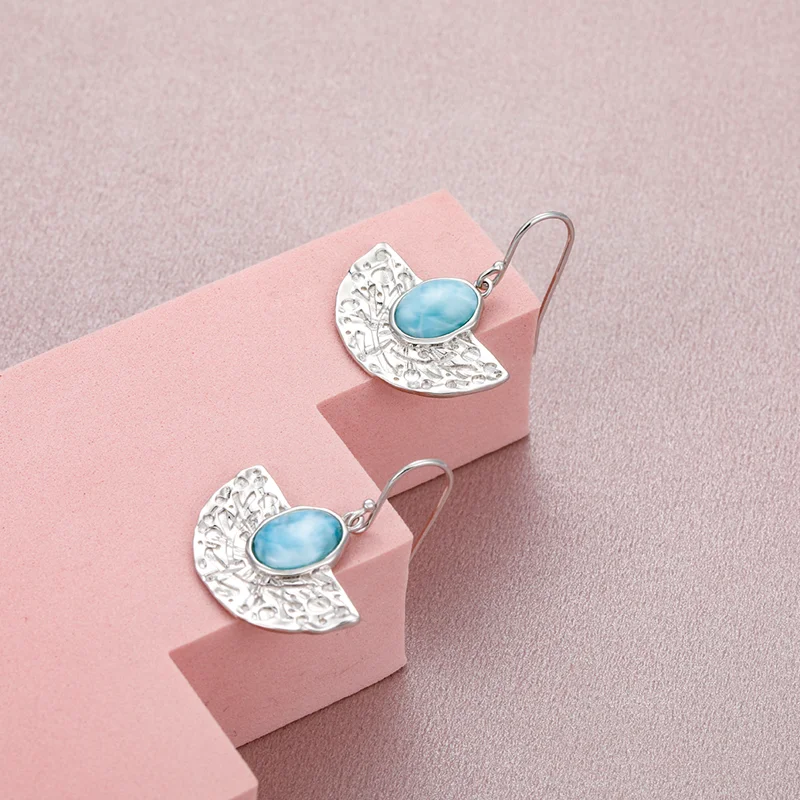 925 Sterling Silver Jewelry for Women Larimar Earring New Fashion Natural Precious Texture Restoring Ancient Ways Rhodium Plated