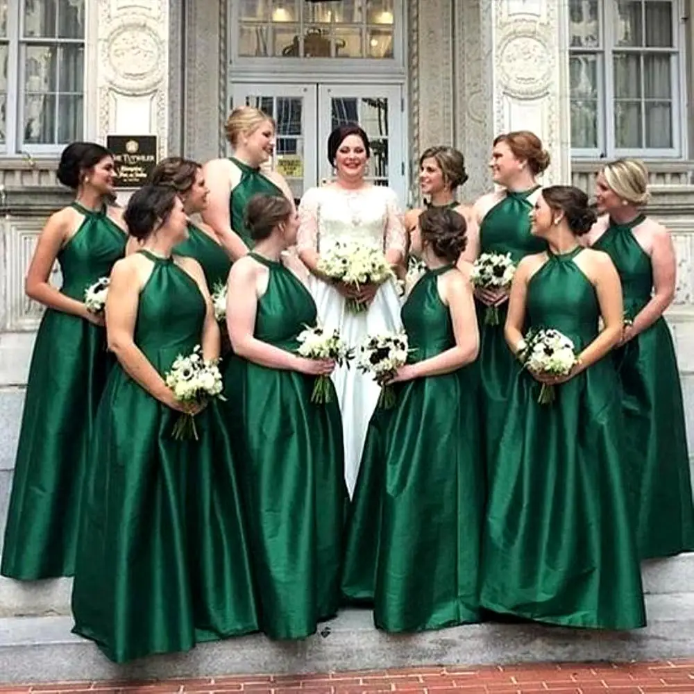 Vestidos de dama de honor verdes satinados baratos, vestido de fiesta de boda con cuello Halter, línea A larga, para dama de honor, para fiesta de boda, 2020