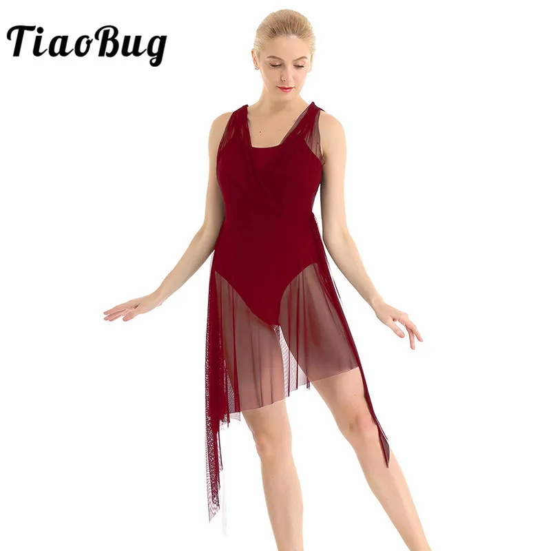 

TiaoBug Adult Sleeveless Asymmetrical Mesh Wrapped Gymnastics Leotard Women Ballet Figure Skating Dress Lyrical Dance Costumes