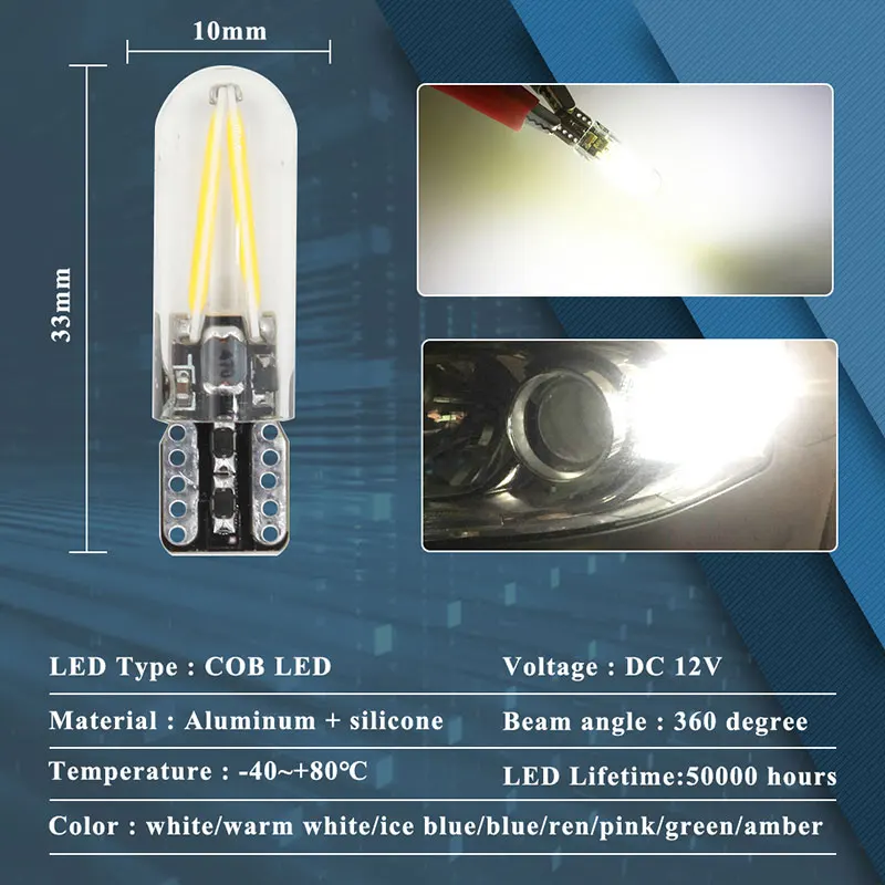 2pcs T10 LED W5W Cob Glass Car Light Bulb 194 168 LED Automobiles Interior Light Dome Reading Lamp License Plate Clearance Light image 4