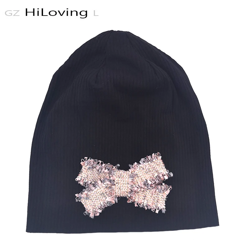 

Women Winter Hat Slouchy Cotton Ribbed Black Beanies Skullies For Ladies Autumn Bow Knot Knitted Hat Oversize Stretch Bonnet Cap