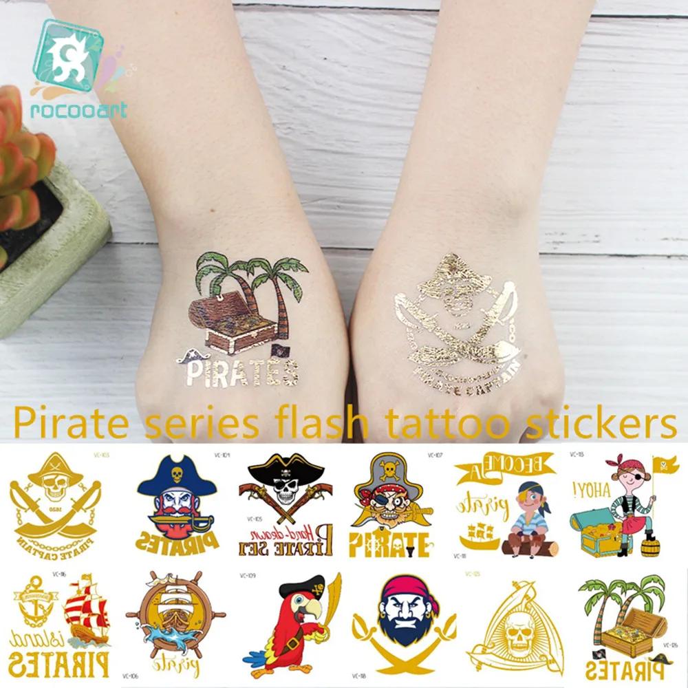 

1 Sheet Small size 6x6cm Pirate Gold Metallic Tattoo Sticker Children Body Art Flash Skull Waterproof Temporary Fake Tattoo