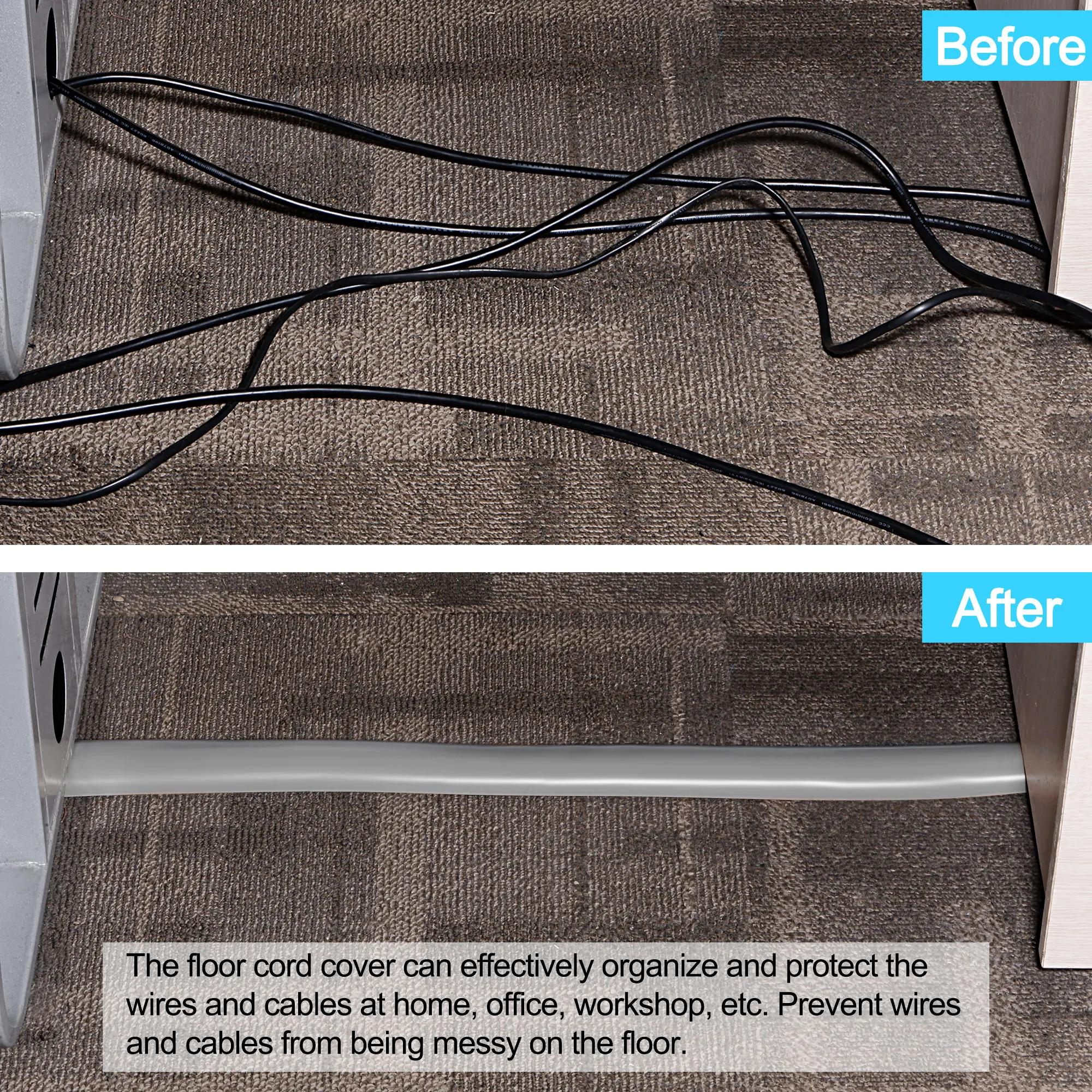 Uxcell Floor Cord Cover Cable Protector 0.4" W x 0.24" H 3.3ft Grey Cable Management for Home Office