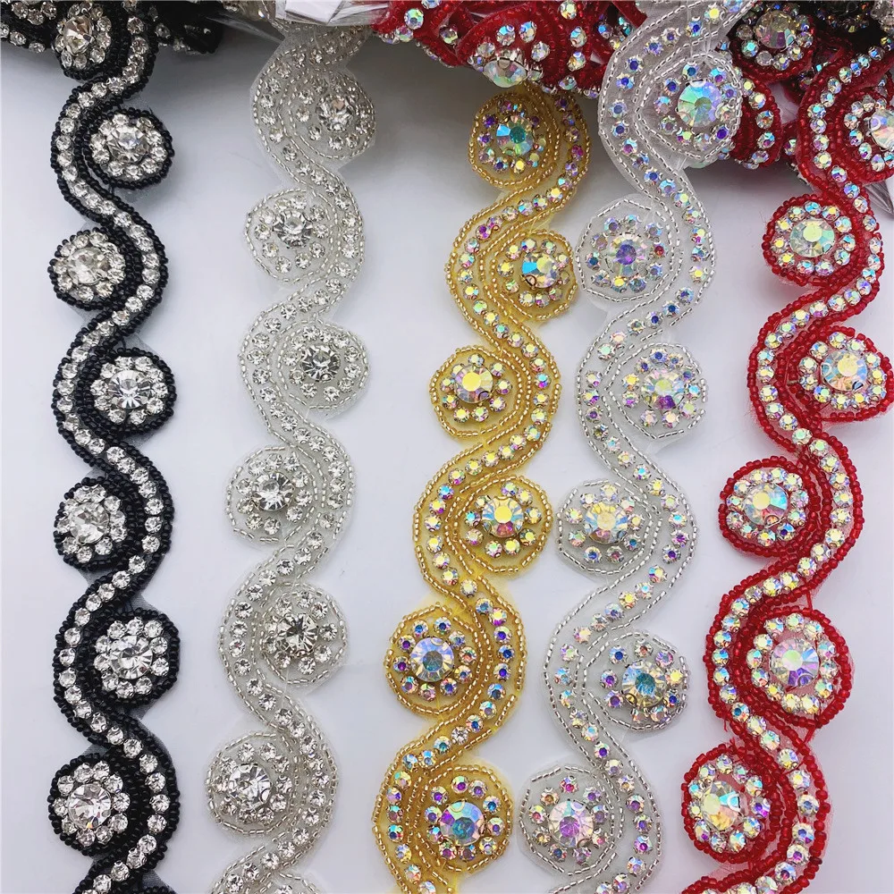 5yards many color Pearls Crystal Rhinestone Beaded Trim Applique Iron On Bridal Costume SEW ON