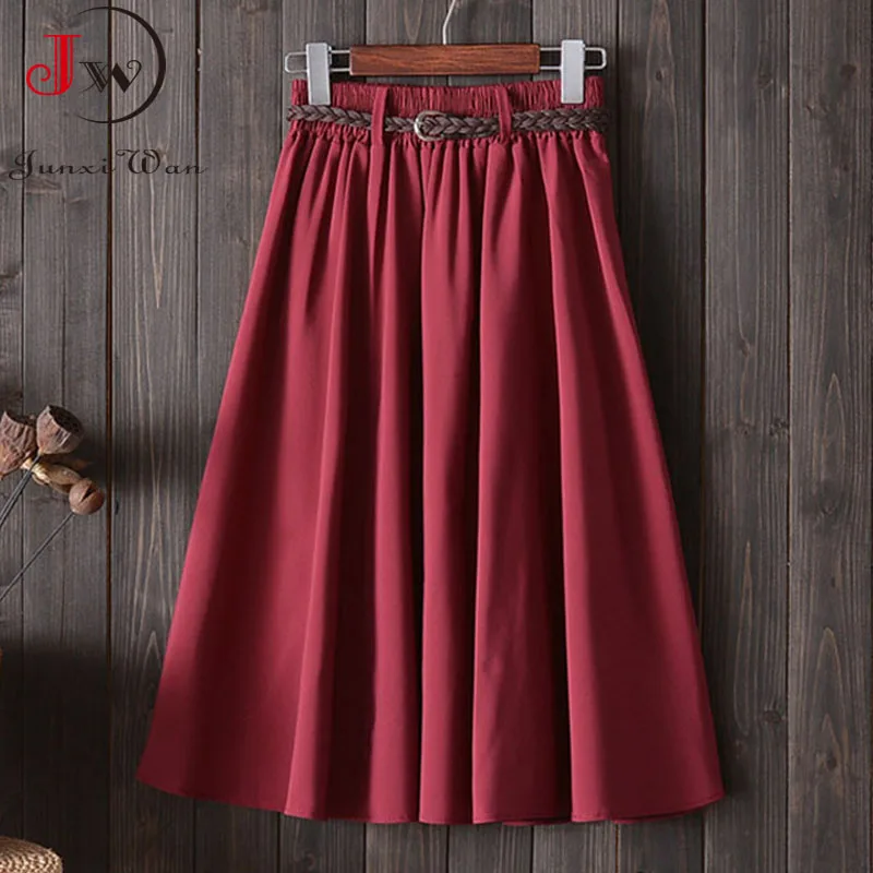 Women Preppy Style Summer Skirt Casual A-line Solid With Belt Mid-length Fashion Elegant Chic Girls Midi Skirts Saias