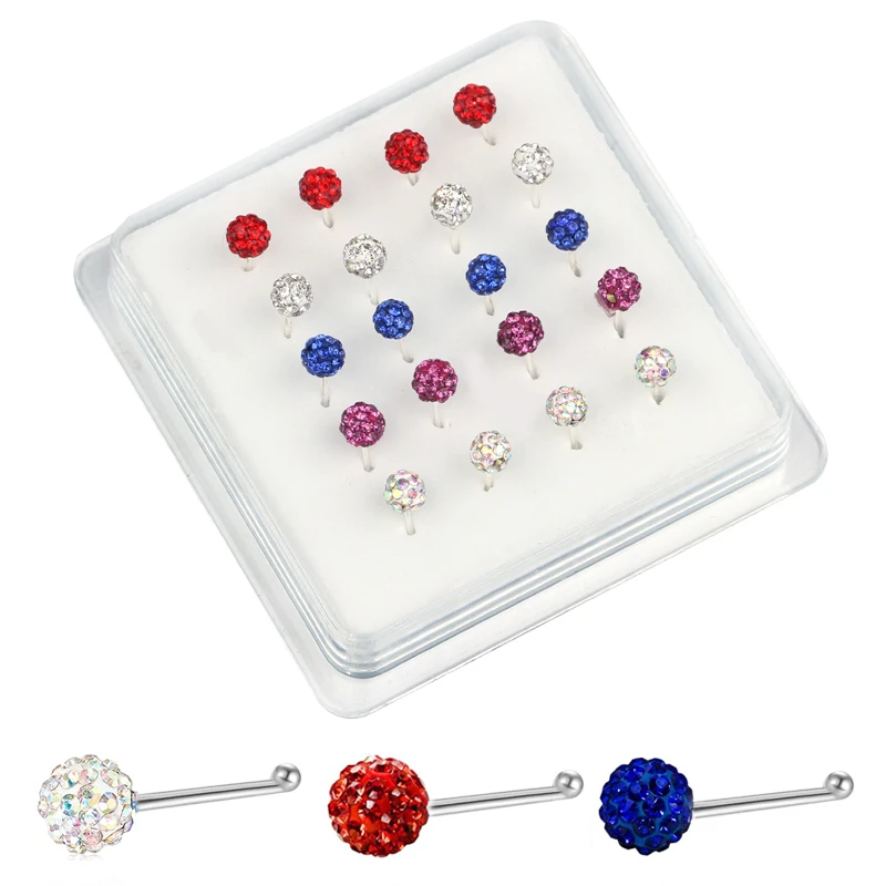 20pcs Rhinestones Crystal Ball Nose Studs Set Fireball Nose Pin Ball End Pave Bead Nose Ring Studs