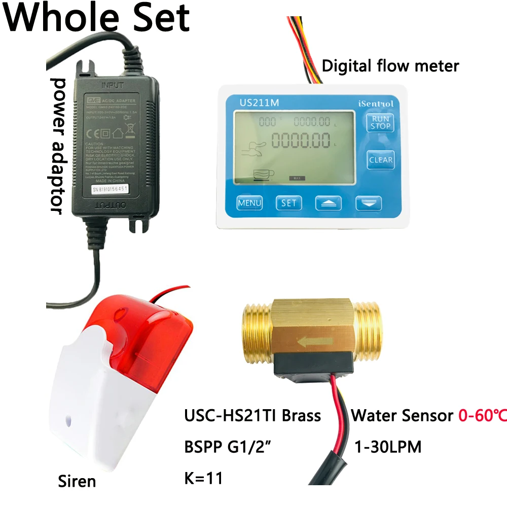 

US211MA Pipe Water Suspend Alarming System USC-HS21TI Brass BSPP G1/2" Flow Sensor Turbine Flowmeter iSentrol with Siren iSent