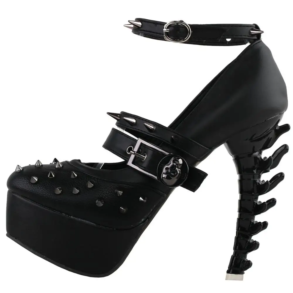 LF80698 SHOW STORY Punk Black Spike Strappy Buckle Mary-Jane Gladiator Platform Bone Heels Pumps