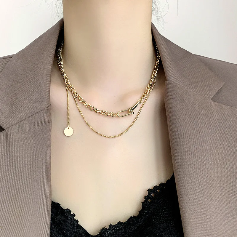 

Double Layer Stacked Wear Style Stainless Steel Necklace Temperament Simple Web Celebrity Recommend Clavicle Chain Women Choker