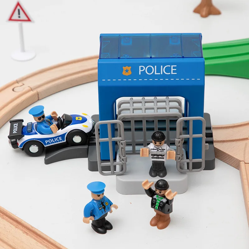 Wooden Railway Train Track Police Station Set Wooden Track Blocks Accessories Fit for Train Toys for Children Gifts