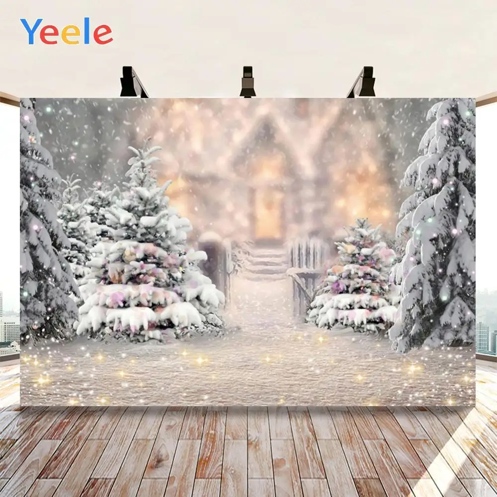 Yeele Happy Birthday Little Pine Trees Houses Snowflakes Light Spots Background Photophone Photography for Decor Customized Size