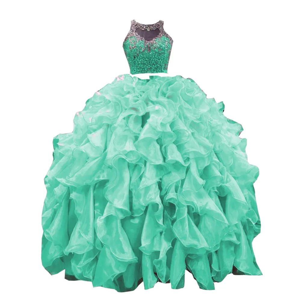 Popular Mint Two Pieces Ball Gown Cheap Quinceanera Dress  Sheer Neck Ruffled Crystal Prom Formal Graduation Dresses Long