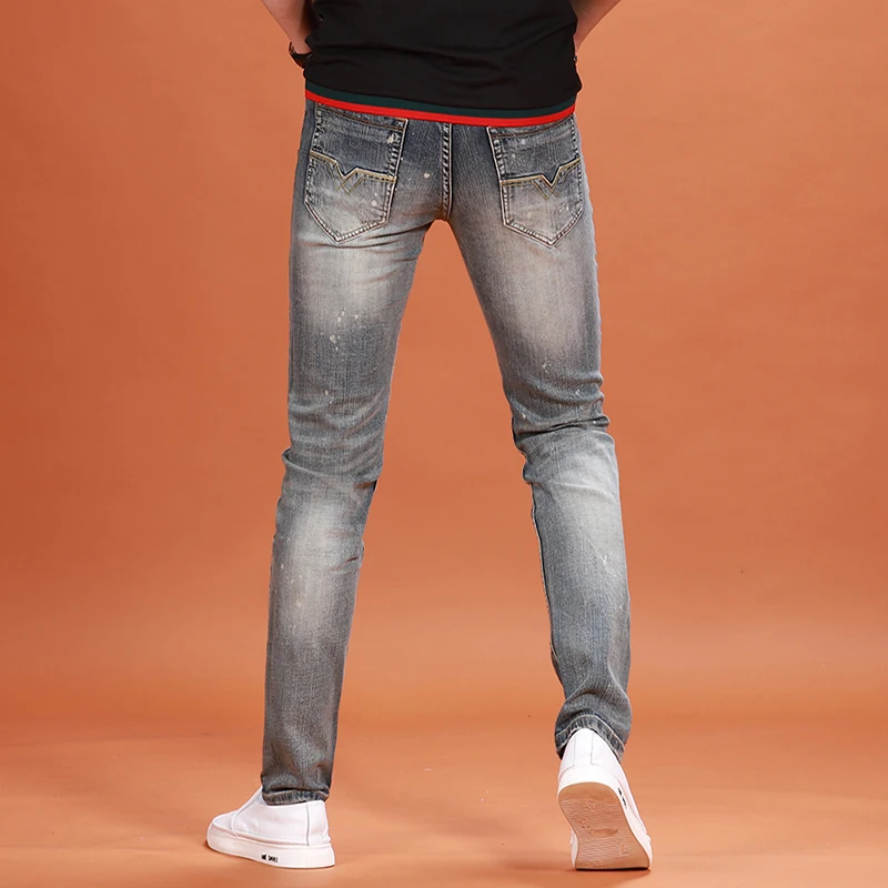 Men's Vintage Blue Ripped Jeans Casual Regular Fit Straight Pants Streetwear Denim Trousers